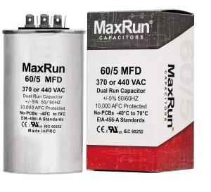 MAXRUN 60+5 MFD uf 370 or 440 Volt VAC Round Motor Dual Run Capacitor