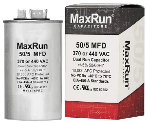 MAXRUN 50+5 MFD uf 370 or 440 Volt VAC Round Dual Run Capacitor for Air Conditioner or Heat Pump Condenser