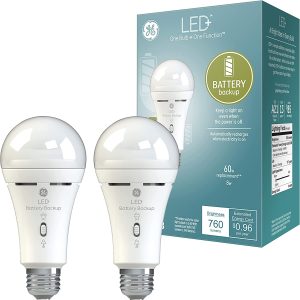 GE LED+ Battery Backup Light Bulb, Emergency Light Bulb for Power Outages, Flashlight Bulb, A21 Light Bulb (2 Pack)